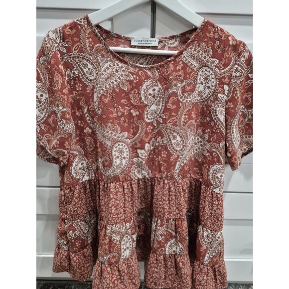 Paper Crane Peasant Tiered Floral Top Dusty Orange Boho Blouse Medium Paisley - Picture 1 of 3